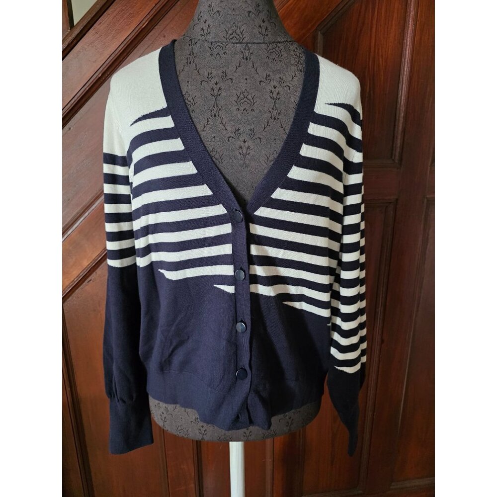 Chicos Womens Navy & White Striped Cardigan Sweater L NWT